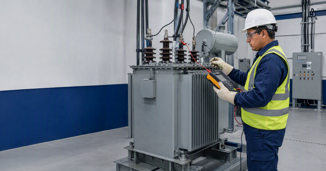 Técnico realizando prueba de resistencia a un transformador